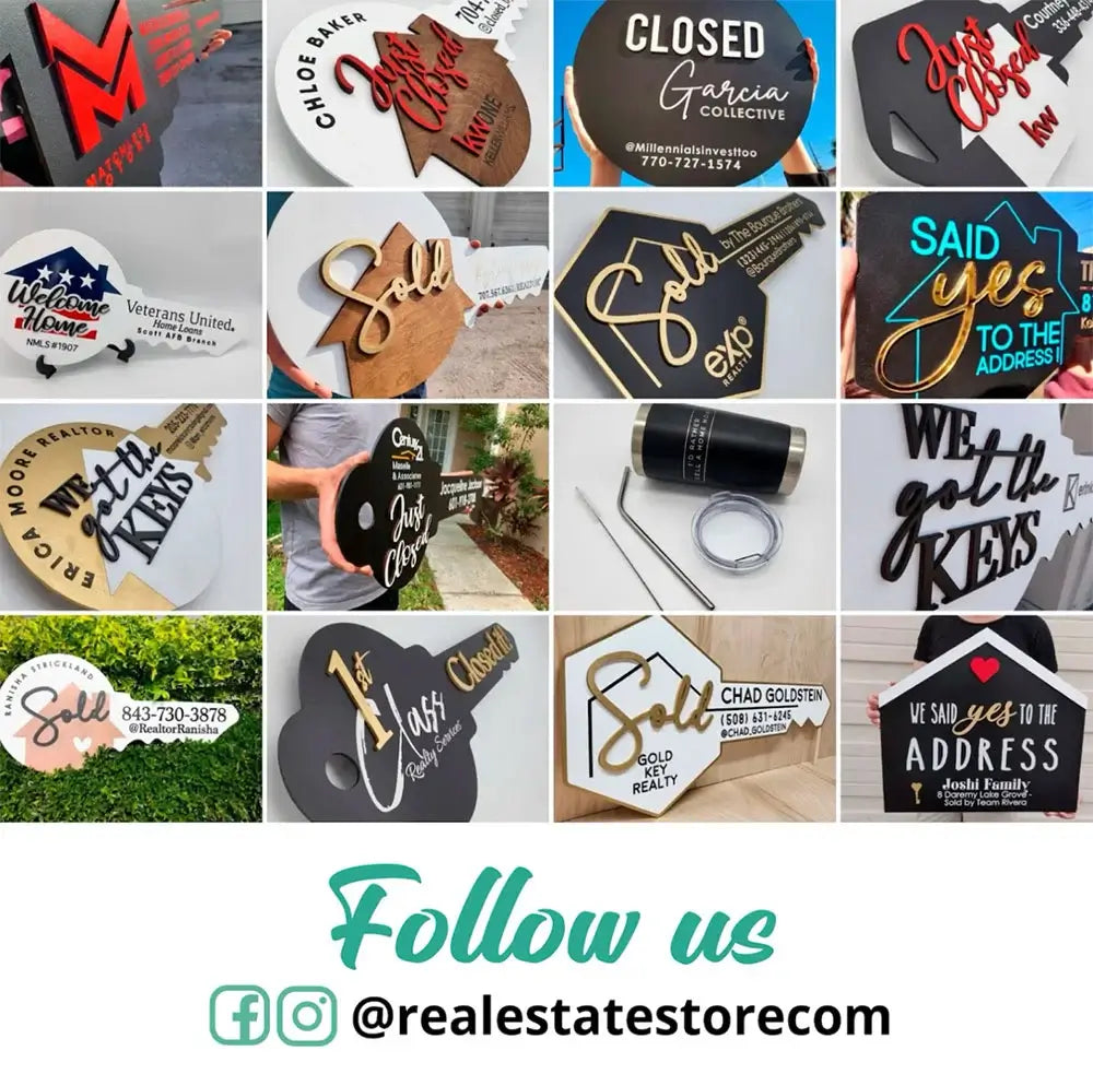 Black Key Shaped Sign with Gold Outline and 3D text "Sold"