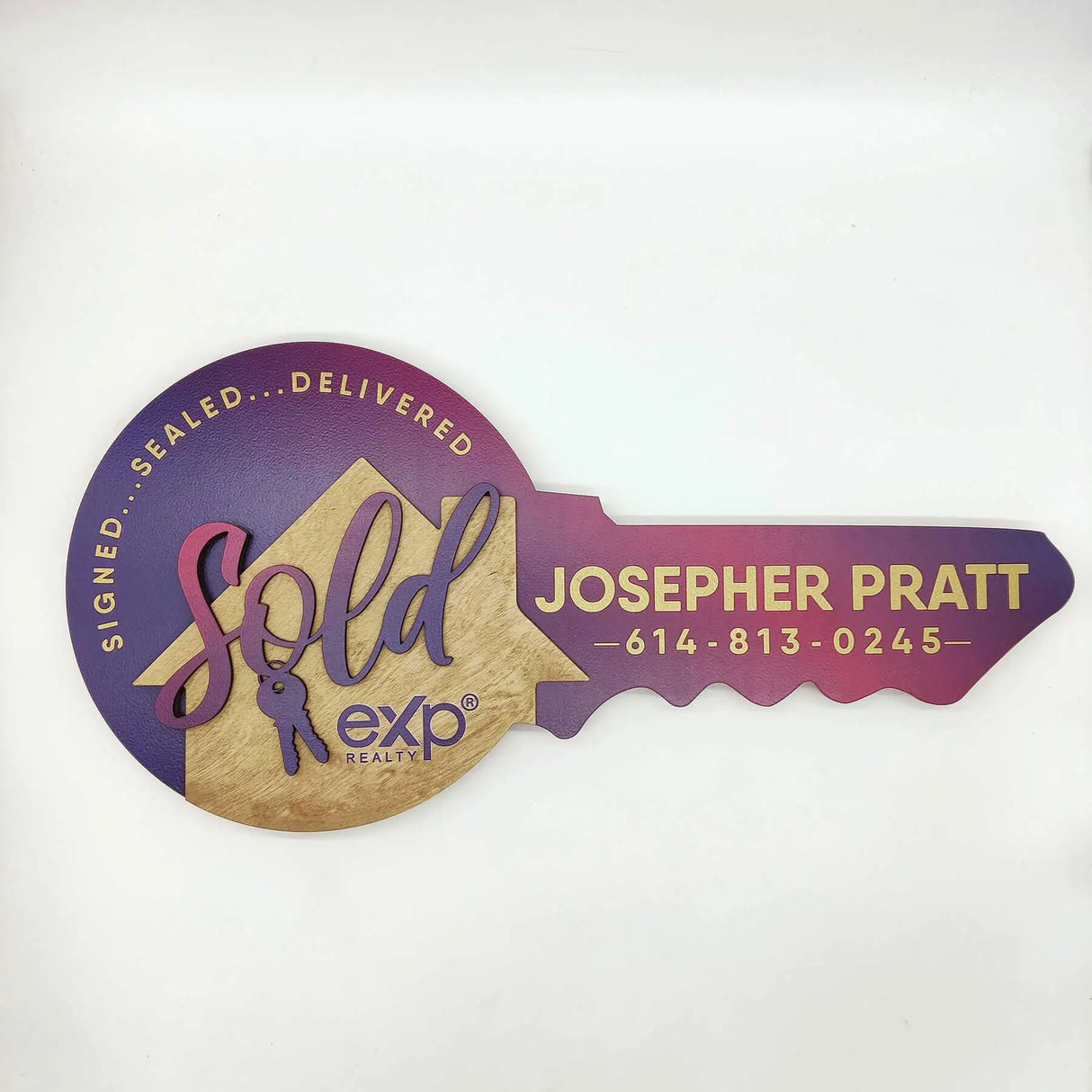 Round Key with Wooden House "Sold with Keys" with Violet Gradient