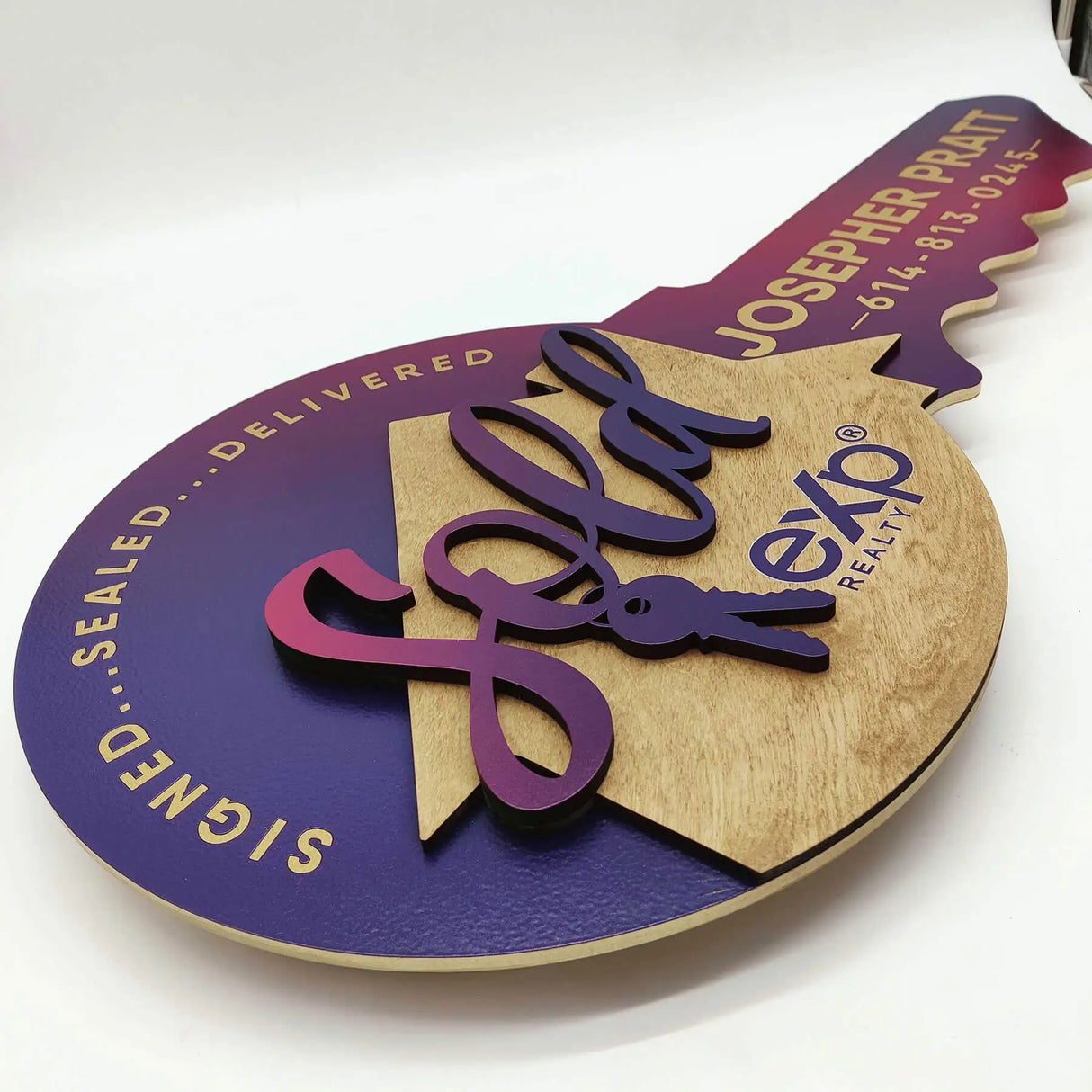 Round Key with Wooden House "Sold with Keys" with Violet Gradient