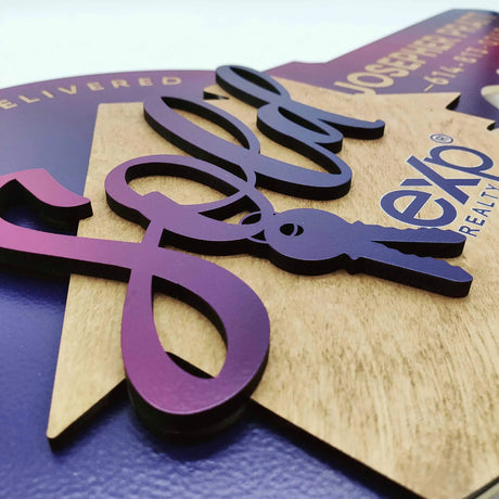 Round Key with Wooden House "Sold with Keys" with Violet Gradient
