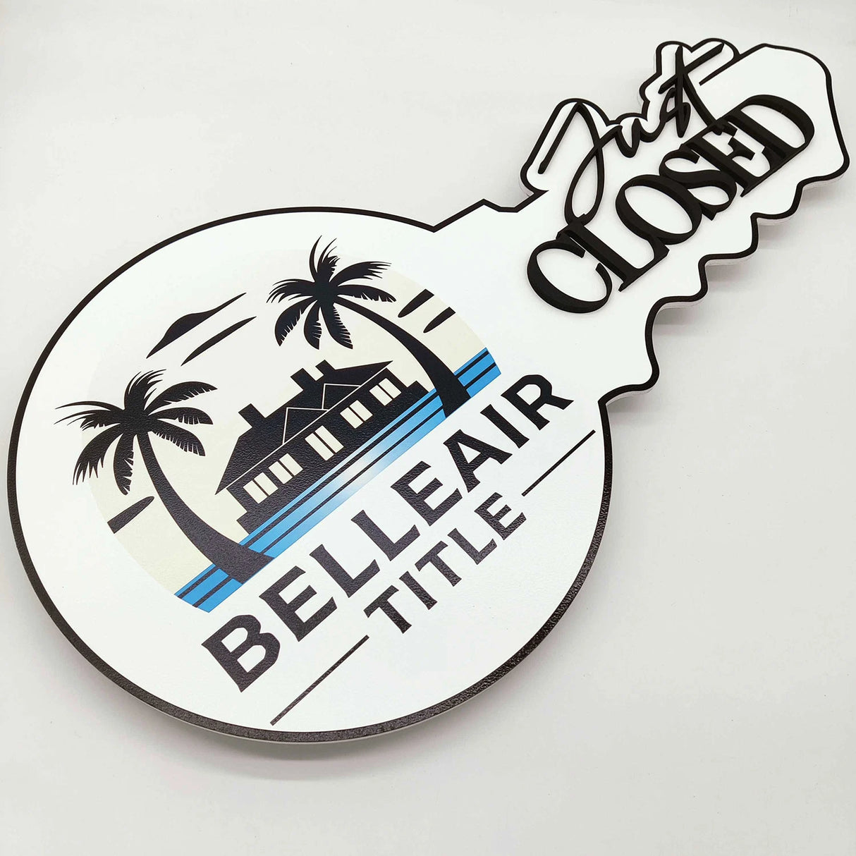 Round Shaped Sign With Logo Black text "Just Closed"