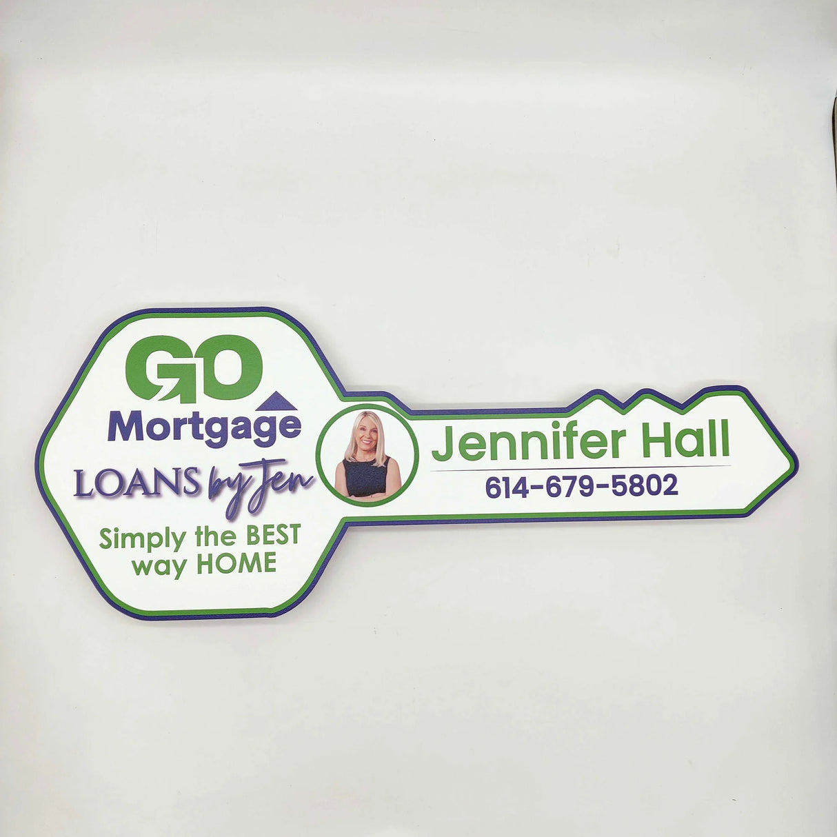 Key Shaped Sign White with Green&Blue Outline and Photo  "Simply the Best Way Home"