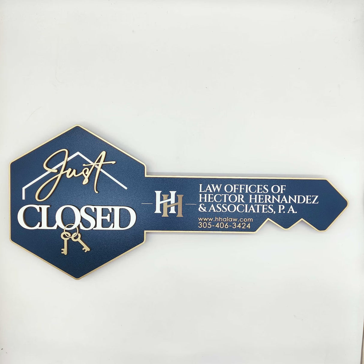 Key Shaped Sign Navy Blue "Just Closed" with gold outline