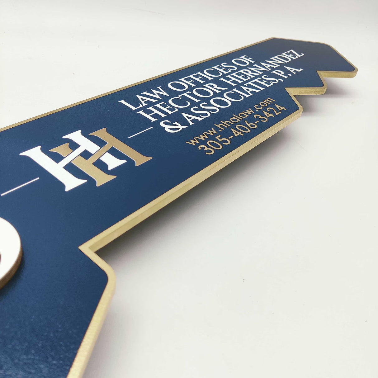 Key Shaped Sign Navy Blue "Just Closed" with gold outline