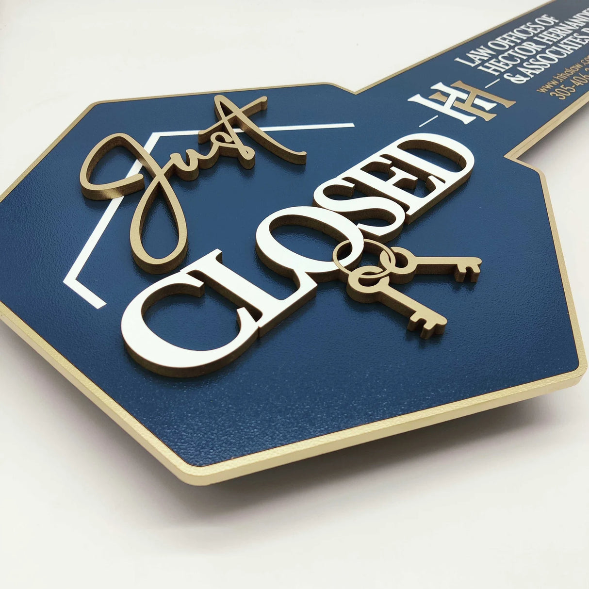 Key Shaped Sign Navy Blue "Just Closed" with gold outline