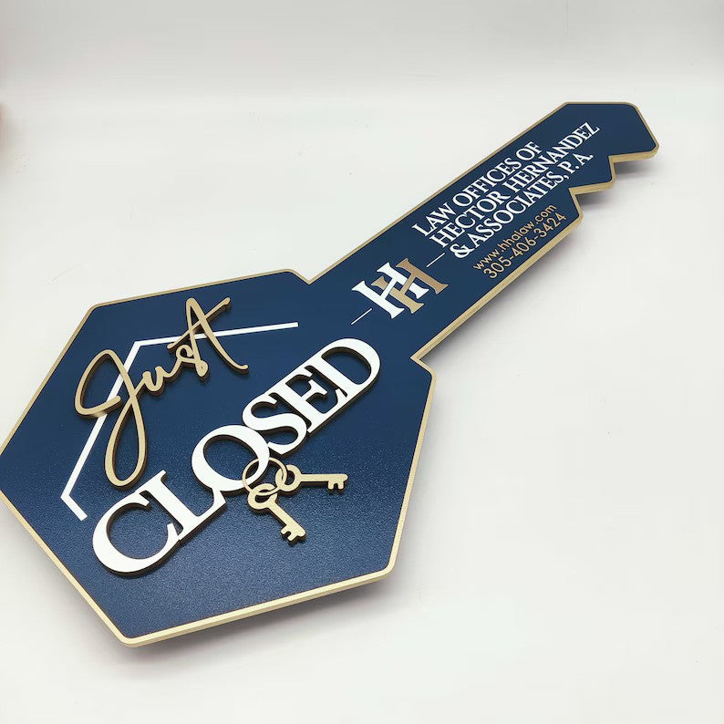 Key Shaped Sign Navy Blue "Just Closed" with gold outline