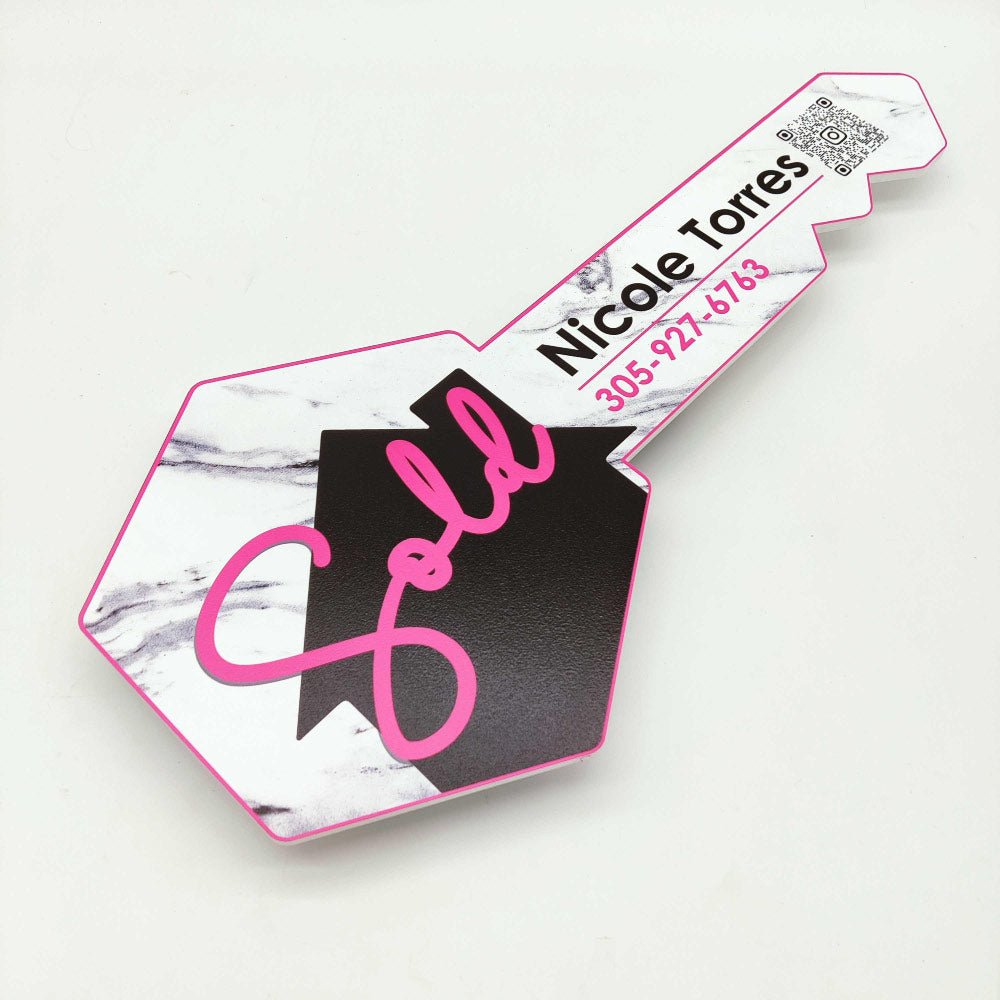 Key Shaped Berry Pink Sold Sign - Real Estate Store