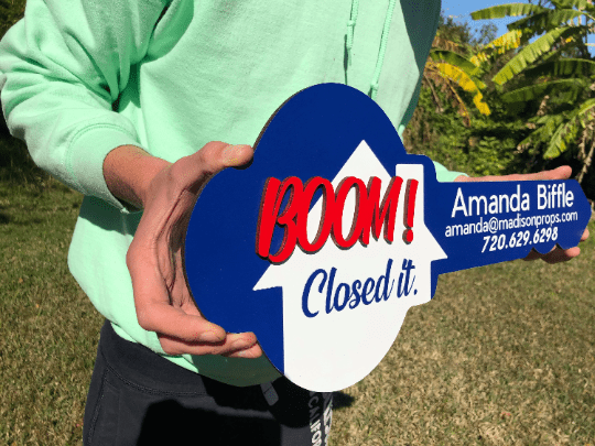 Key Shaped Prop Sign «Sold by» for Realtor - Real Estate Store