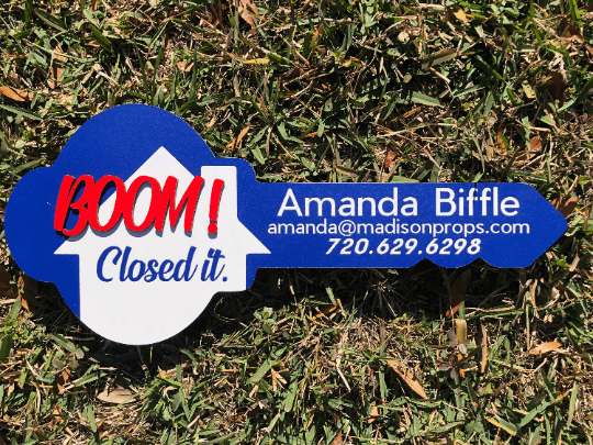 Key Shaped Prop Sign «Sold by» for Realtor - Real Estate Store