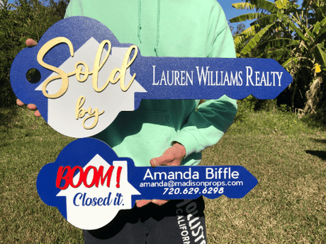 Key Shaped Prop Sign «Sold by» for Realtor - Real Estate Store