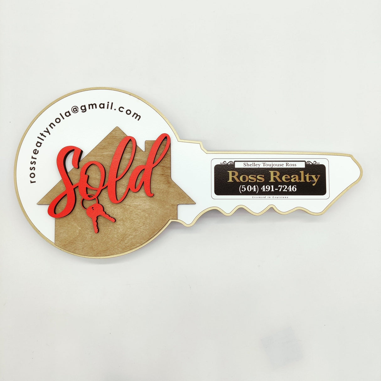 Key Shaped Real Estate Round with a Wooden House & Keys - Real Estate Store