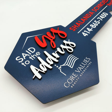 Navy Blue Hexagon Key Shaped Prop «Said Yes to the Address» - Real Estate Store