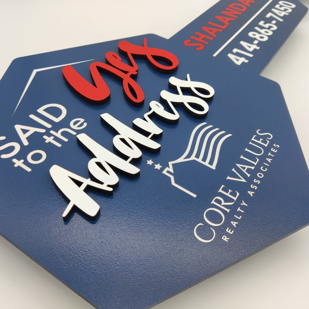 Navy Blue Hexagon Key Shaped Prop «Said Yes to the Address» - Real Estate Store