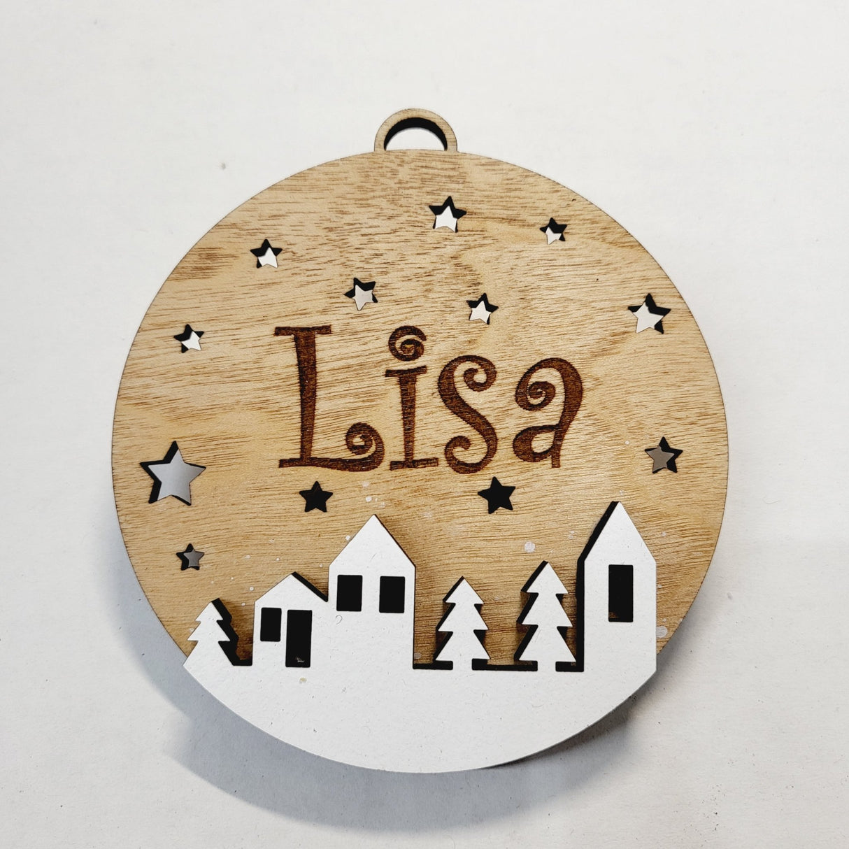 Round Wooden Christmas Ornament with Houses - Real Estate Store