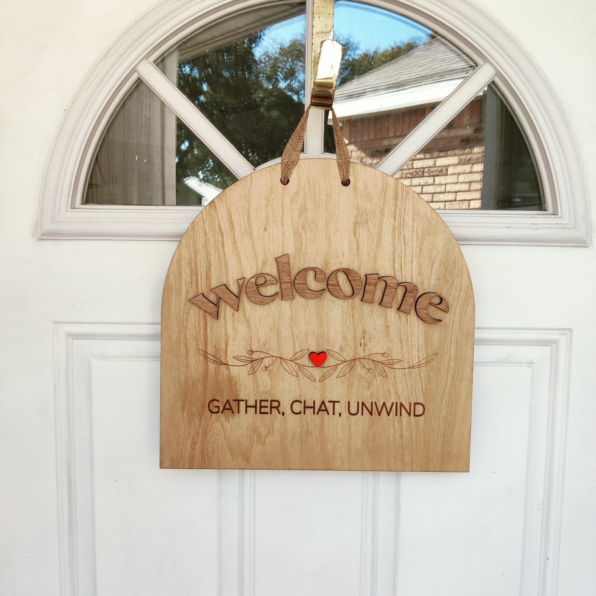 Wooden Door Sign «Welcome, Gather, Chat, Unwind» - Real Estate Store