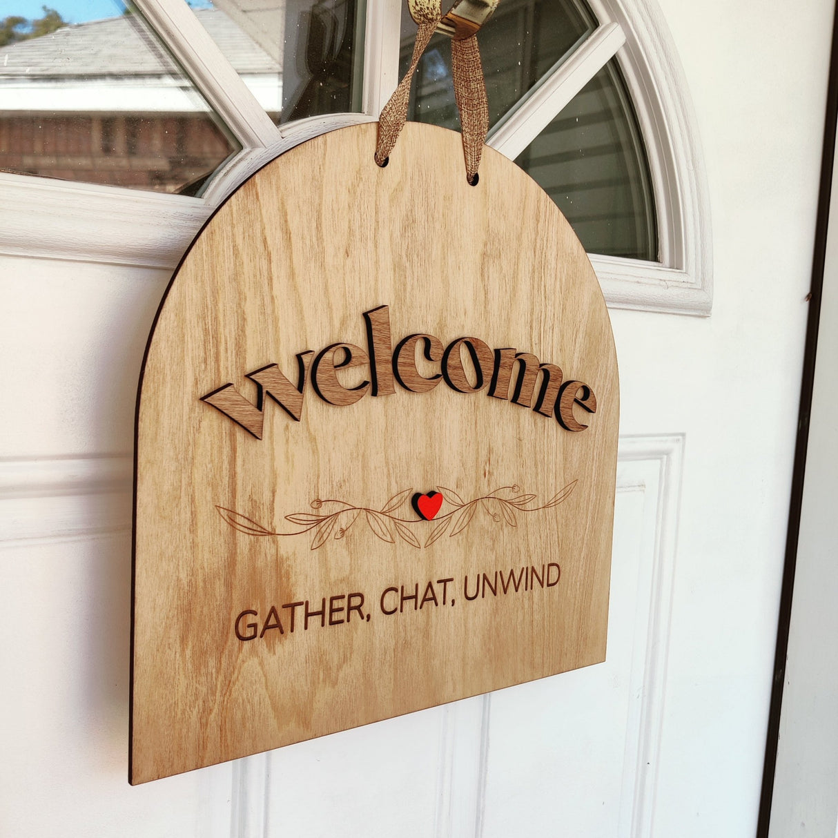 Wooden Door Sign «Welcome, Gather, Chat, Unwind» - Real Estate Store