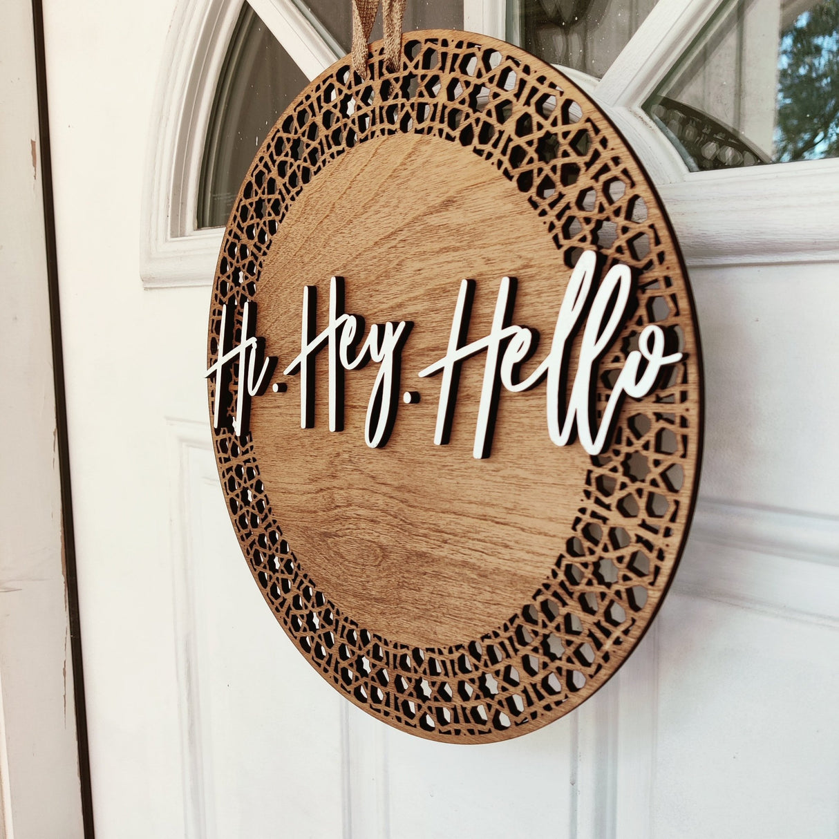 Wooden Front Door Hanger Sign «Hi, Hey, Hello» - Real Estate Store