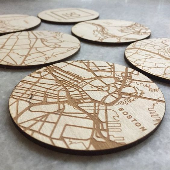 «Wooden Map Coasters Round» - 4pc - Real Estate Store