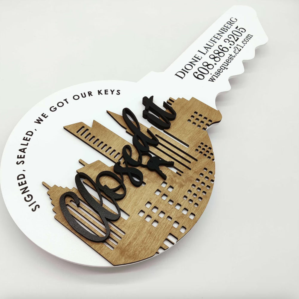 Custom White Round Key Shaped Sign "Closed at with keys"