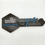 Key Shaped Sign Black "Said Yes to the Address" with logo