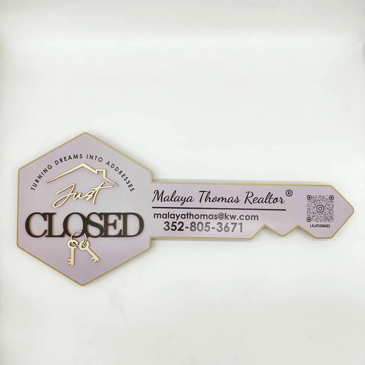 Key-Shaped Sign "Just Closed" Lavender Color with Gold Outline