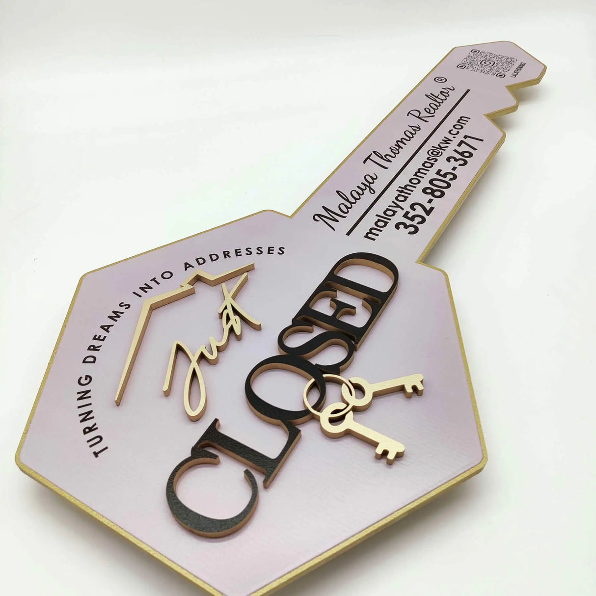 Key-Shaped Sign "Just Closed" Lavender Color with Gold Outline