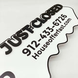 Key Shaped Sign With Logo Black text "Just Closed"