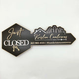 White Key-Shaped Sign "Just Closed" Black