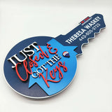 Round Key Shaped Sign Navy Blue with 3D text "Just Closed & Got the Keys"