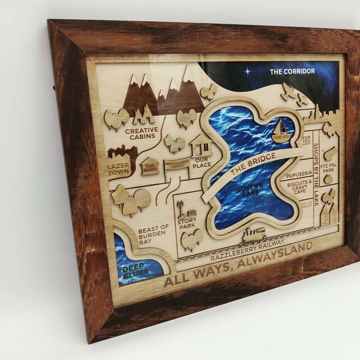 Wooden Map of any City in the World Light style "All Ways, Alwaysland"