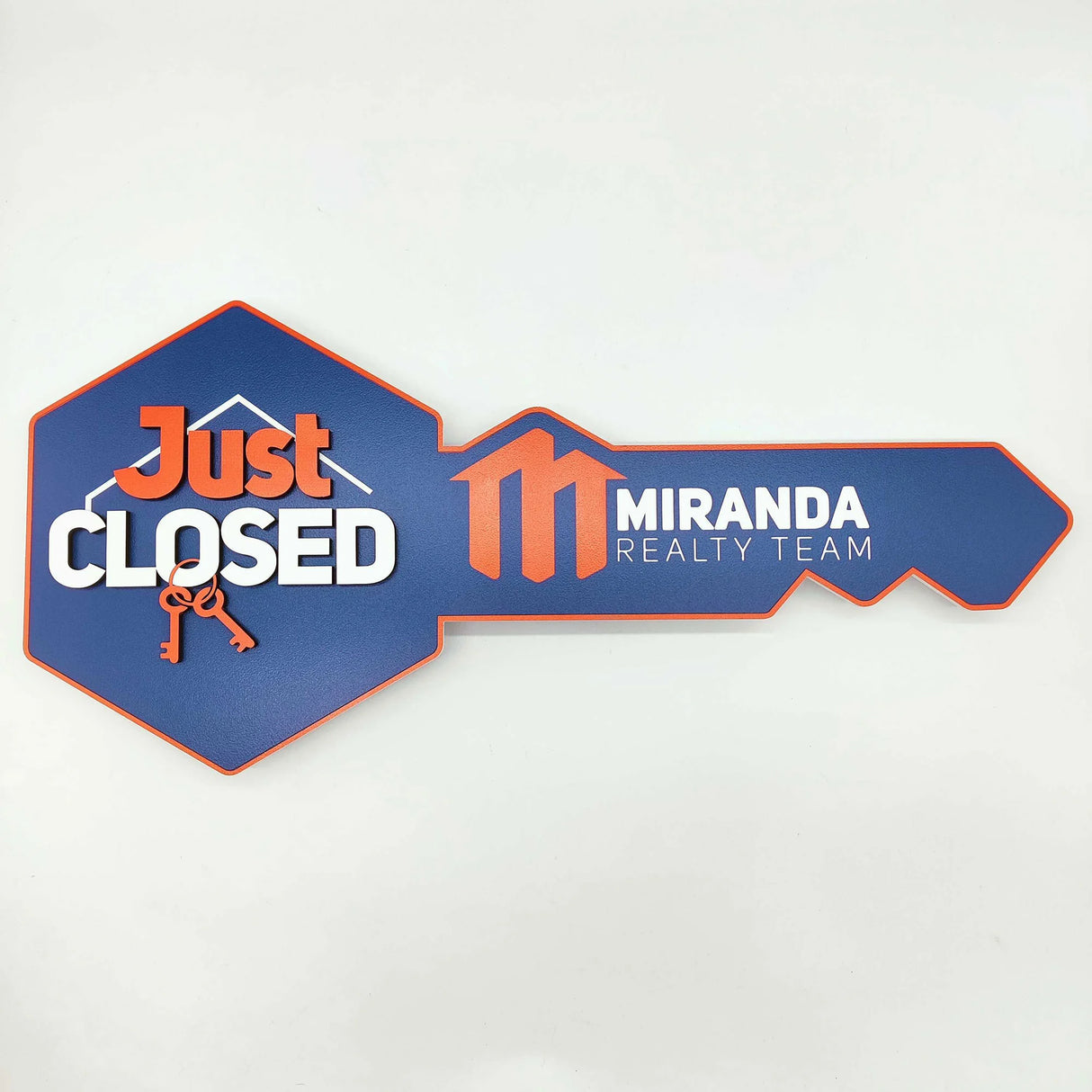 Key Shaped Sign Navy Blue "Just Closed" Orange outline