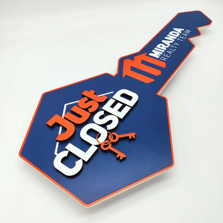 Key Shaped Sign Navy Blue "Just Closed" Orange outline