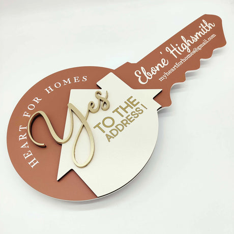 Round Key Shaped Sign Warm Caramel with 3D text "Yes to the address"