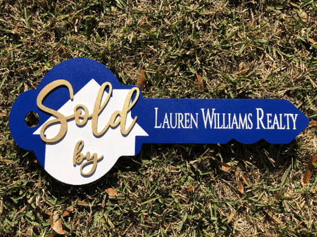 Key Shaped Prop Sign «Sold by» for Realtor - Real Estate Store