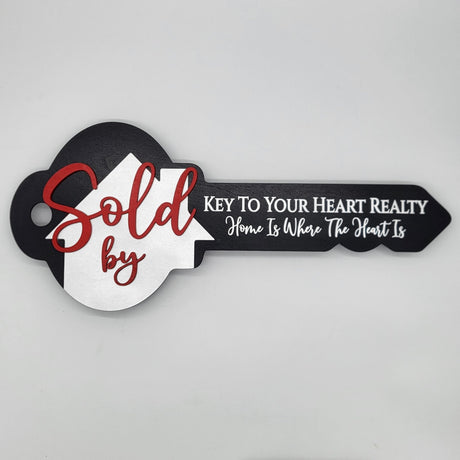 Key Shaped Props Classic Key Sign with Sold By in Red - Real Estate Store