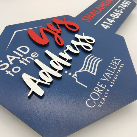 Navy Blue Hexagon Key Shaped Prop «Said Yes to the Address» - Real Estate Store