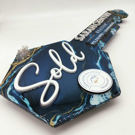 Navy Blue Key Shaped Prop Sign made with Epoxy Resin - Real Estate Store