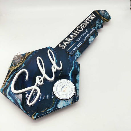 Navy Blue Key Shaped Prop Sign made with Epoxy Resin - Real Estate Store