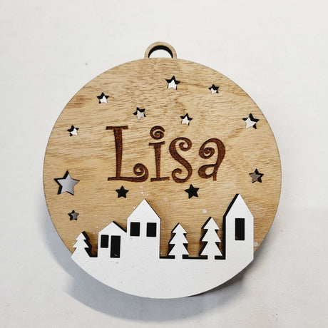 Round Wooden Christmas Ornament with Houses - Real Estate Store