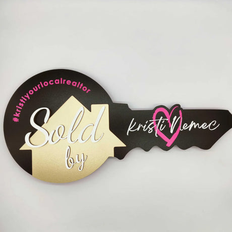 Custom Black Round Key Shaped Sign "Sold by"