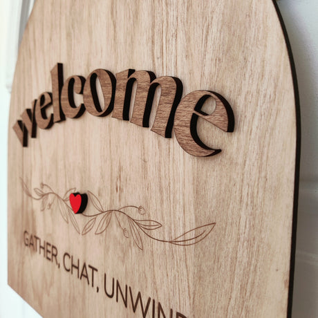 Wooden Door Sign «Welcome, Gather, Chat, Unwind» - Real Estate Store
