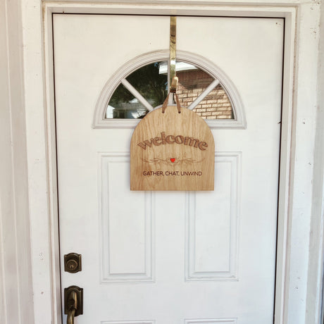 Wooden Door Sign «Welcome, Gather, Chat, Unwind» - Real Estate Store