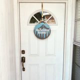 Wooden Front Door Hanger Sign «Welcome Home» with Mountains & Pines design - Real Estate Store